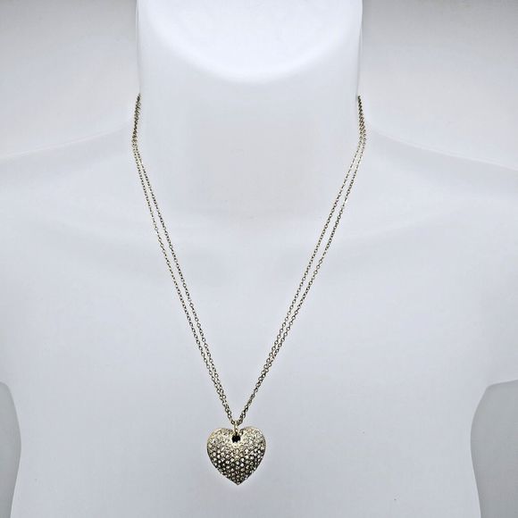 Puffy Pave Heart Necklace Gold Tone Rhinestone Double Chain Feminine Romantic - Picture 12 of 13